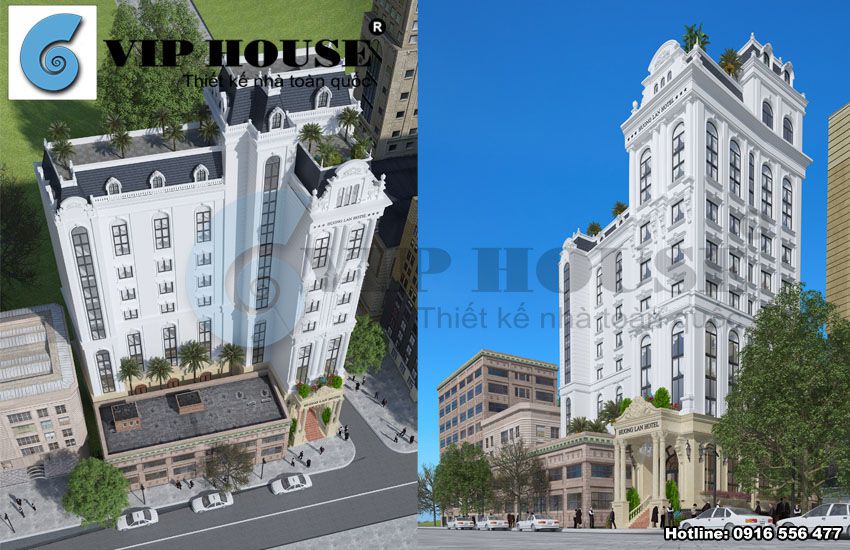 Mẫu thiết kế khách sạn tiêu chuẩn 4 sao kiến trúc Pháp đẹp